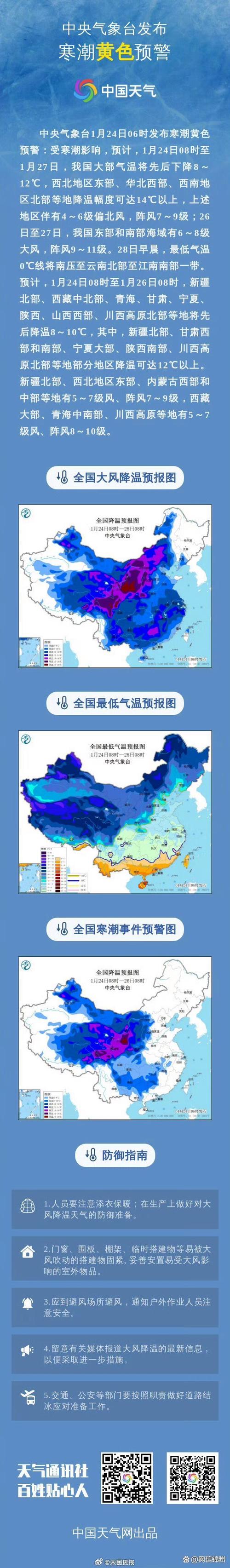 低温黄色预警:中东部大部气温或比常年同期偏低5℃以上
