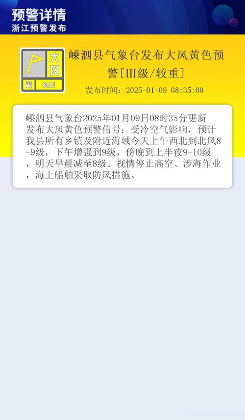 浙江省嵊州市发布雷暴大风黄色预警