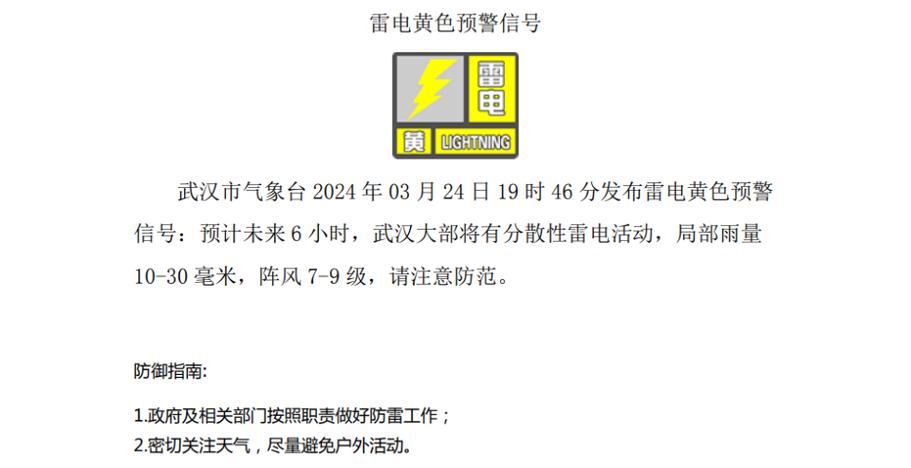湖北省荆州市发布雷电黄色预警